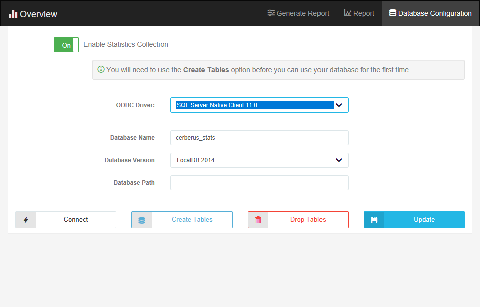 Report Database Settings – Cerberus Support