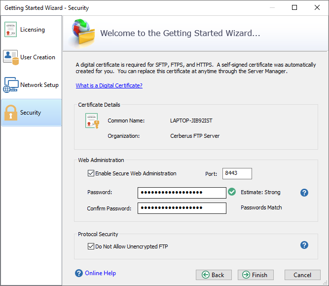 Cerberus FTP Server Getting Started Wizard's Basic security settings Page