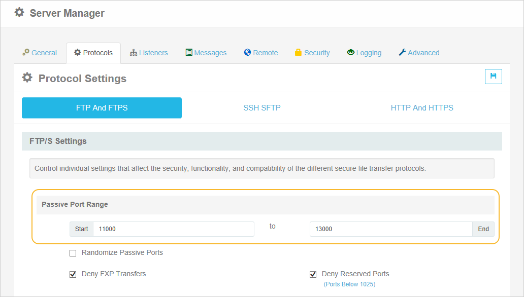 Selecting the PASV port range