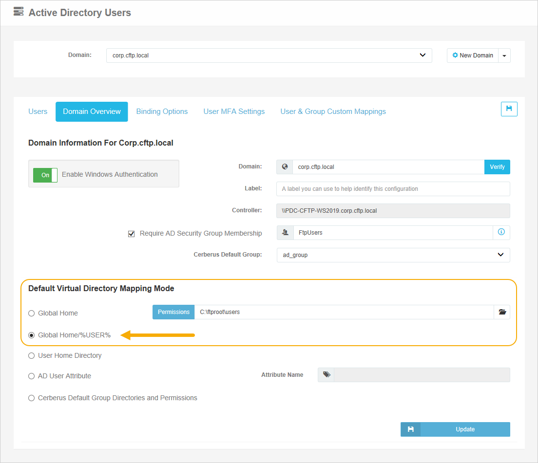 Active Directory Administration with Global Home\%USER% selected