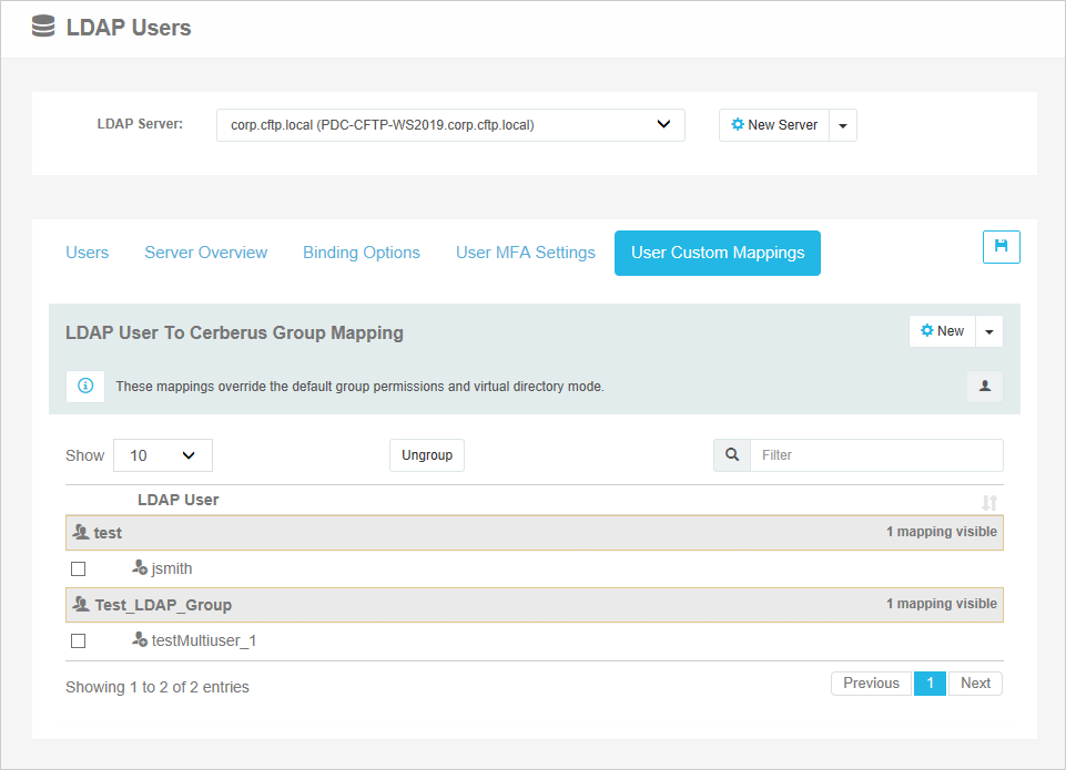 Custom Mappings page for LDAP Users