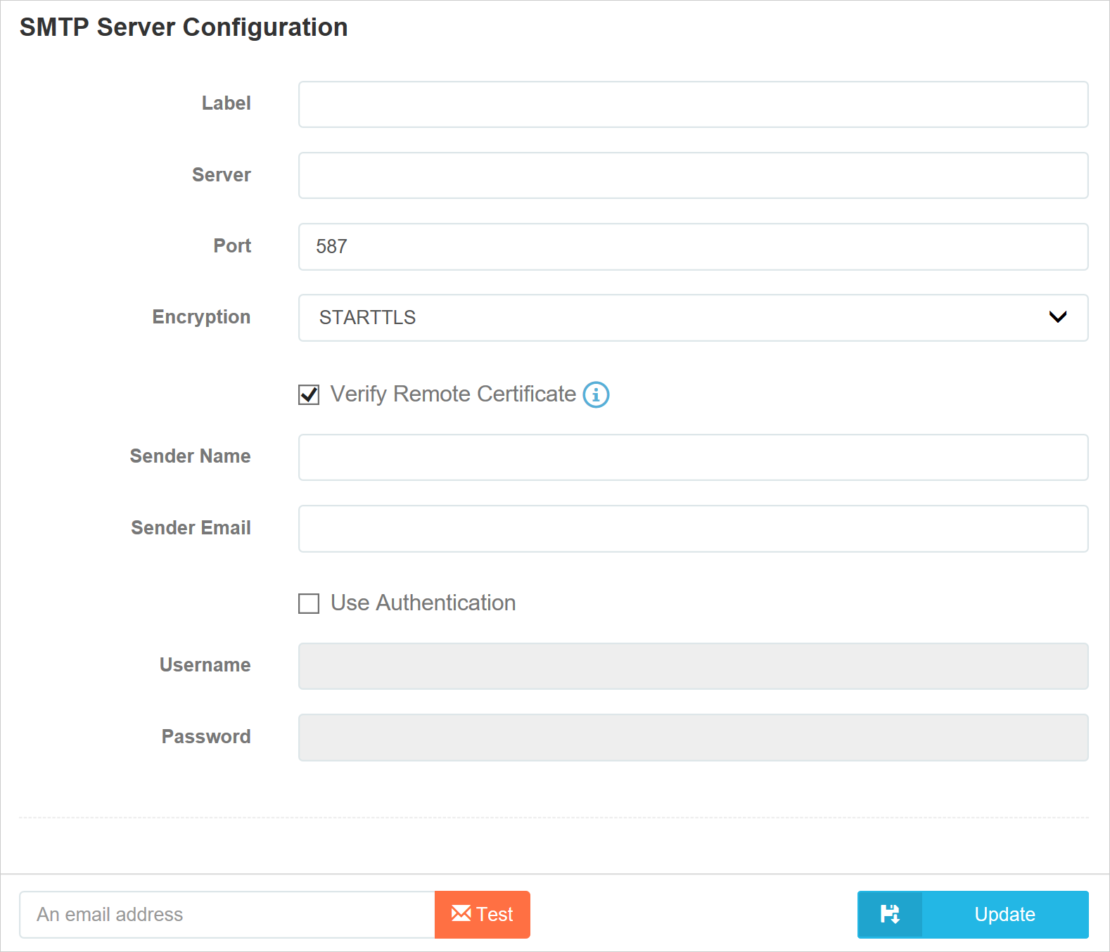 SMTP Configuration page