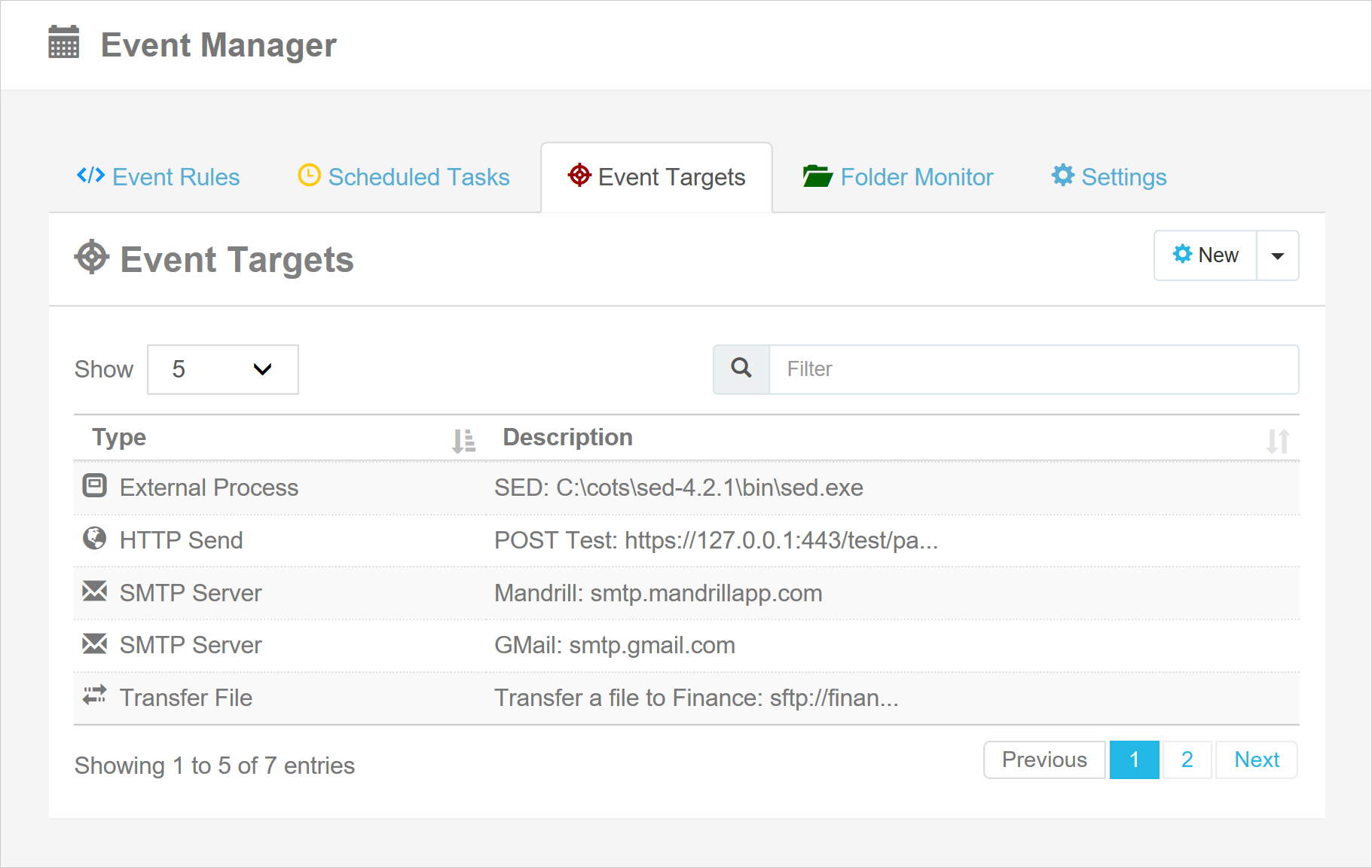 Event Target page of the Event Manager