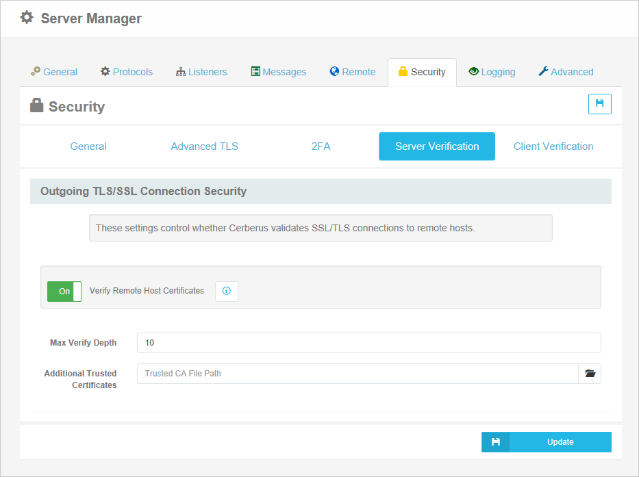 Server Verification tab of the Security page of the Server Manager